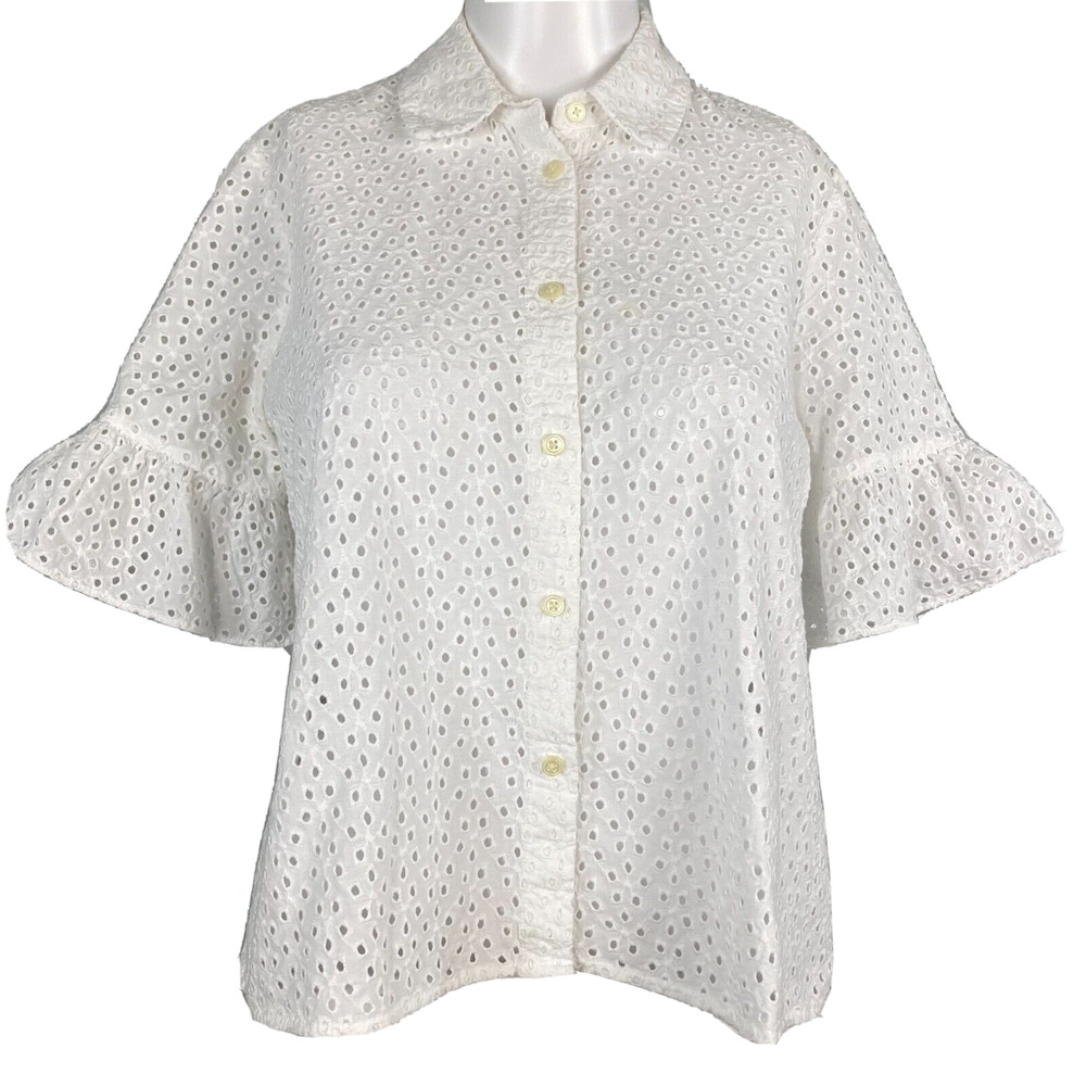 Madewell Shirt Womens S White Eyelet Cotton Bell Ruffle Sleeve Button Up Blouse